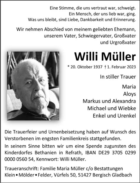 Traueranzeigen Von Willi M Ller Wirtrauern