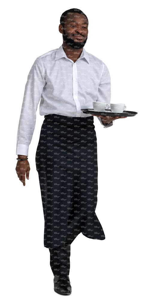 black waiter with long black apron walking - VIShopper