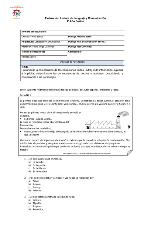 Evaluación N° 1 Lenguaje 4° Año Básico Evaluación Lectura De Lenguaje