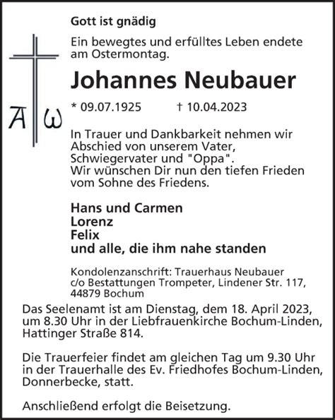 Traueranzeigen Von Johannes Neubauer Trauer In Nrw De