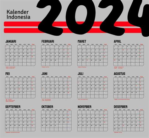 Indonesian Calendar 2024 Template Vector Simple Minimal Design