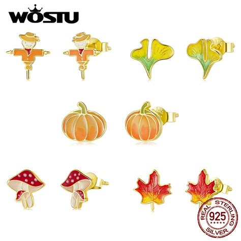 Wostu Autumn Series Sterling Silver Leaf Pumpkin Stud Earrings