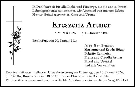 Traueranzeigen Von Kreszenz Artner Augsburger Allgemeine Zeitung