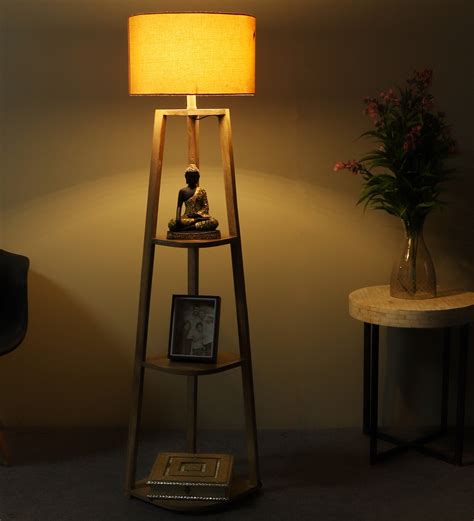 Buy Ladder Gold Cotton Shade Shelf Floor Lamp With Mango Wood Base At