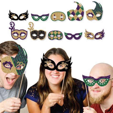 Mardi Gras Masks And Glasses Paper Card Stock Masquerade Party Photo Booth Props Kit 10 Count