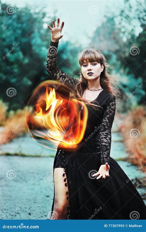 Powerful Witch With Fireball In Hands Stock Image Image Of Girl Gothic 77307993