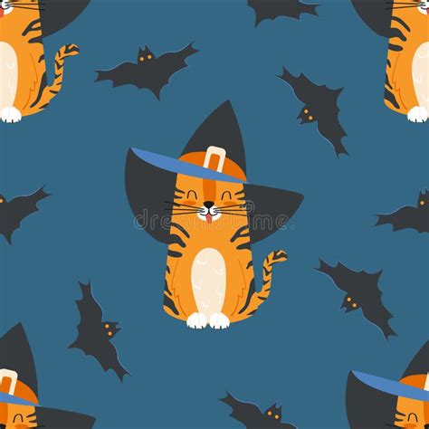 Pattern Tabby Cat Wearing A Witch Hat And Bats Stock Vector