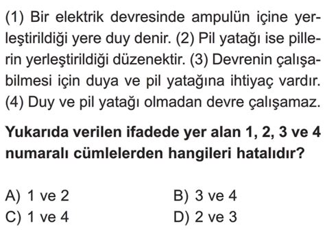 Devre Elemanlar Ve Devre Emalar Test Z S N F Fen Bilimleri Testleri