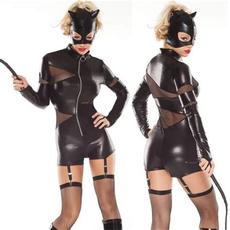 2016 Wholesale Feline Domineer Costume Black Adult Vinyl Leather Mesh