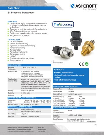 Ashcroft S1 Pressure Transducer Datasheet Manualzz