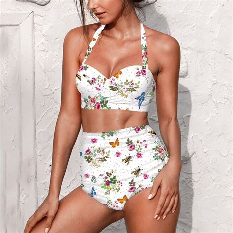 Flowers Bees Butterflies Two Piece Bikini Swimsuit Sexy Printed Push Up