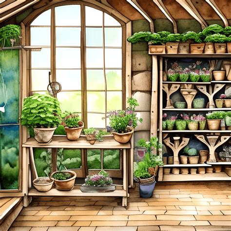 Fantasy Art Style Watercolor Painting Inside The Potting Shed