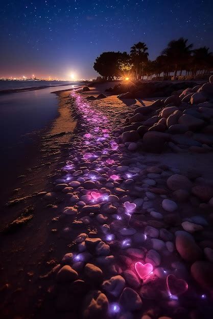 Premium Ai Image Purple Lights On The Beach At Night