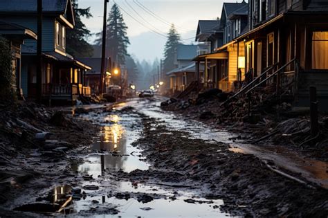 Premium AI Image River Flooding Local Village Desolation Scene