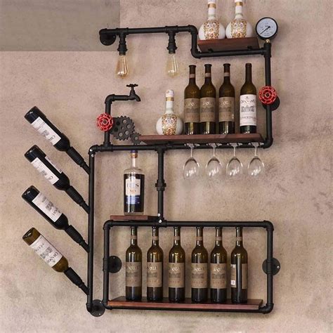 Wall Mounted Metal Wine Racks Wine Glass Rack Pipe Hanging Bottle Holder Wooden Floating Shelf