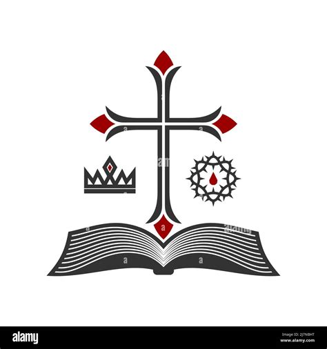 Christian Illustration Church Logo Cross Of Jesus Christ Open Bible And Royal Symbols Stock