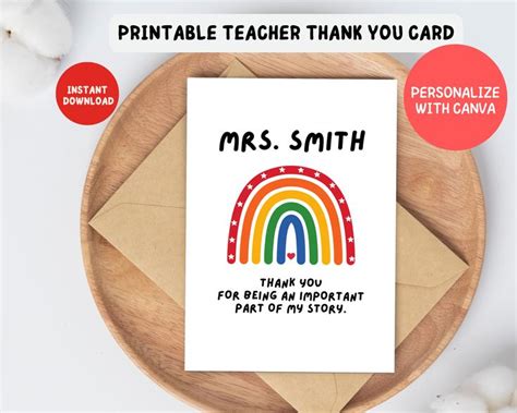 Editable Teacher Thank You Card Teacher Appreciation Card Cute