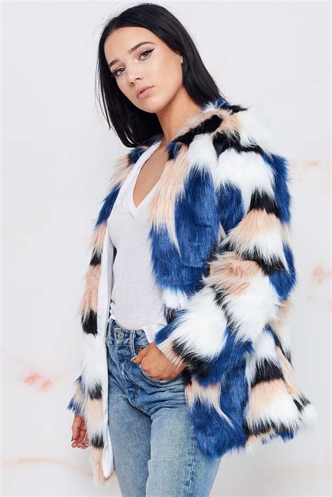 This Thick Multi Colored Faux Fur Jacket Features A Collarless Style