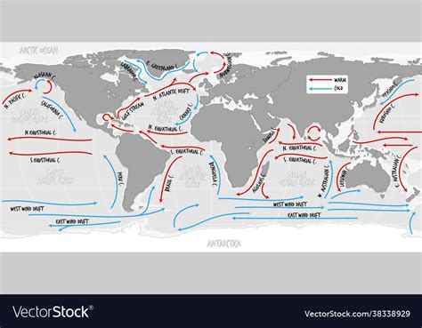 Ocean Current World Map With Names Royalty Free Vector Image