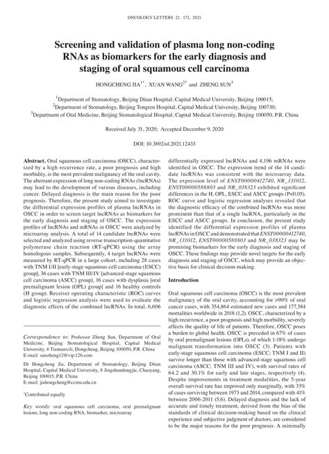 Pdf Screening And Validation Of Plasma Long Noncoding Rnas As