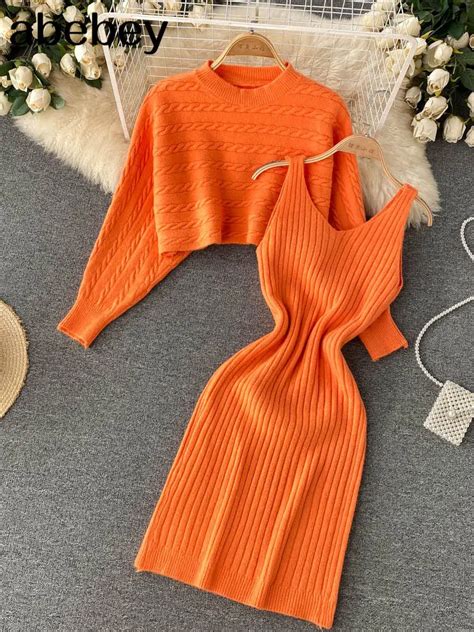 Women Elegant Slim Two Piece Sets Female Sweater Dress Autumn Winter