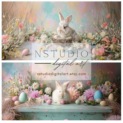 7 Rustic Easter Kid Backdrops With Rabbits and Colorful Eggs Kids Easter Photoshoot Pastel ...