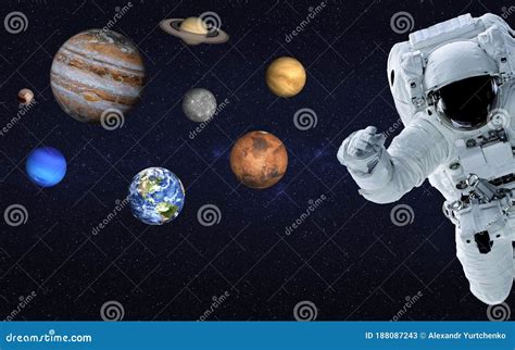 Astronaut Near Planets Of Solar System Together In Space Stock Image