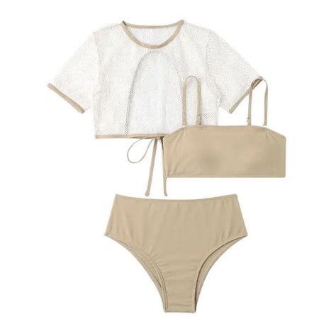 2023 New Summer Women S Three Piece Swimsuit Solid Color Bikini Bathing Suit Mesh Cover Up