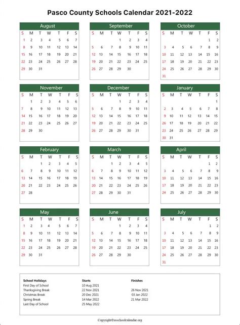 Pasco County School Calendar with Holidays 2021-2022