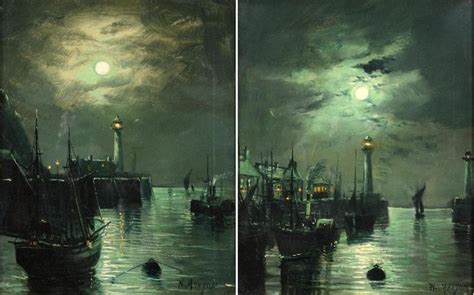 Walter Linsley Meegan Harbour Scene By Moonlight Signed