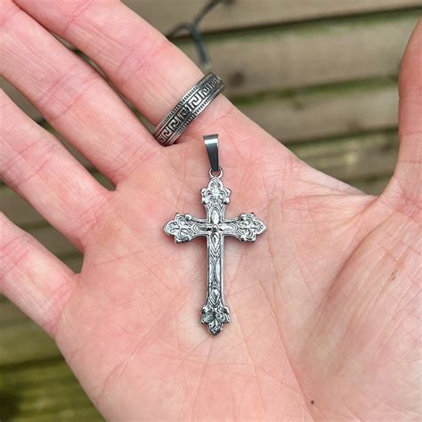 Vintage Silver Cross Necklace Mens Necklace Large Cross Necklace Men