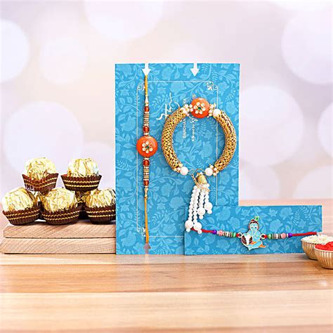 Orange Pearl Rakhi Set And Bal Krishna Rakhi With Pcs Ferrero Rocher