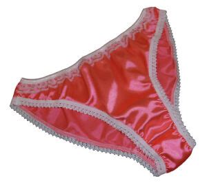 Coral Pink Shiny Satin Panties Low Rise Bikini Briefs Ivory Lace Made