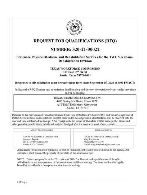 Fillable Online Twc Texas Request For Qualifications Rfq Number