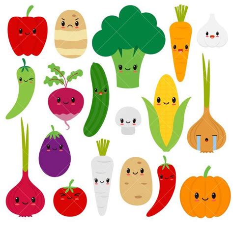 Kawaii Vegetables Cute Vegetable Clipart Happy Veggies Png Etsy