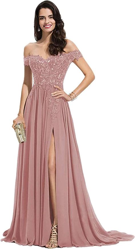 Buy Off Shoulder Lace Prom Dresses With Slit Long Appliqued Chiffon