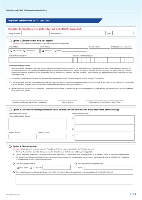 Philippines Policy Surrender Full Withdrawal Application Form Axa