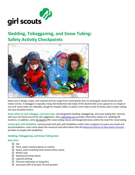 Sledding Tobogganing Snow Tubing Safety Activity Checkpoint