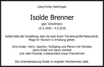 Traueranzeigen von Isolde Brenner Schwarzwälder Bote Trauer