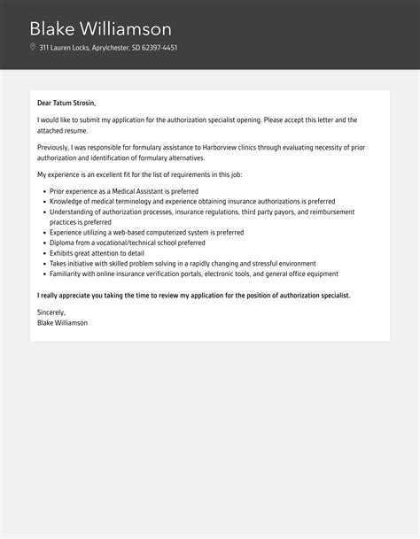 Authorization Specialist Cover Letter Velvet Jobs