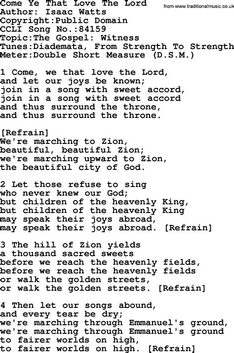 Most Popular Church Hymns And Songs Come Ye That Love The Lord Lyrics Pptx And Pdf