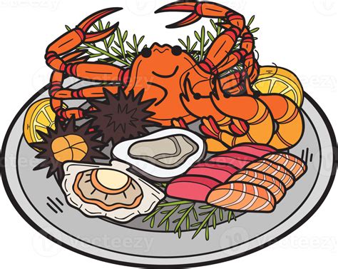 Hand Drawn Seafood On Plate Illustration In Doodle Style 18974398 PNG