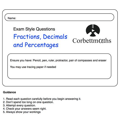 Fractions Decimals And Percentages Practice Questions Corbettmaths