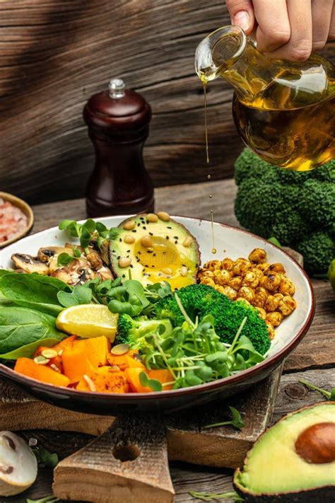 Vegetable Vegetarian Buddha Bowl Avocado Mushrooms Broccoli Spinach Chickpeas Pumpkin On A