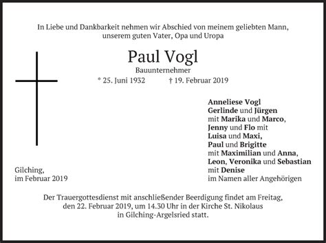 Traueranzeigen Von Paul Vogl Trauer Merkur De