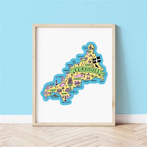 Cornwall Map Art Print Map Of Cornwall Illustrated Wall Art Print