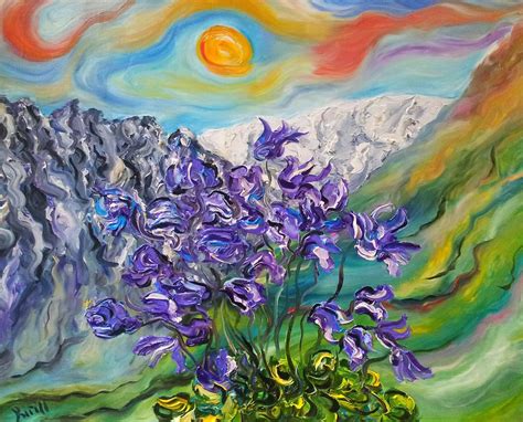 Purple Primroses Bluebells On The Background Of Mountains And The Red