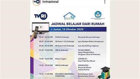 Jadwal Belajar Dari Rumah Di Tvri Jumat Oktober Ada Acara