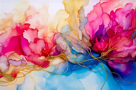 Alcohol Ink Art Wispy Dreamy Ethereal Pink Gold Blue Yellow