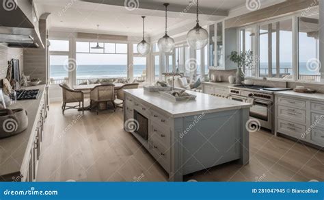 Interior Deisgn Of Kitchen In Coastal Style With Ocean View Stock